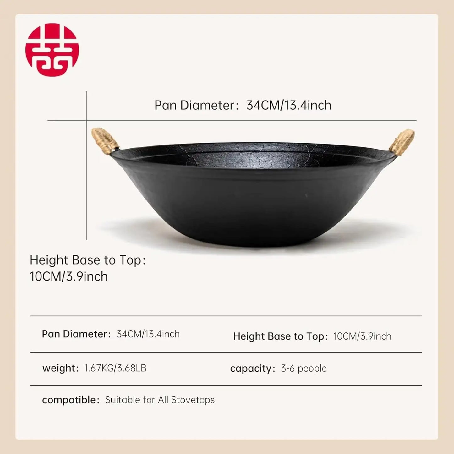 Hand Wok, Cast Iron Wok, Double Handle Wooden Lid Large Wok, Suitable For All Cooktops, Uncoated Chinese Traditional Wok