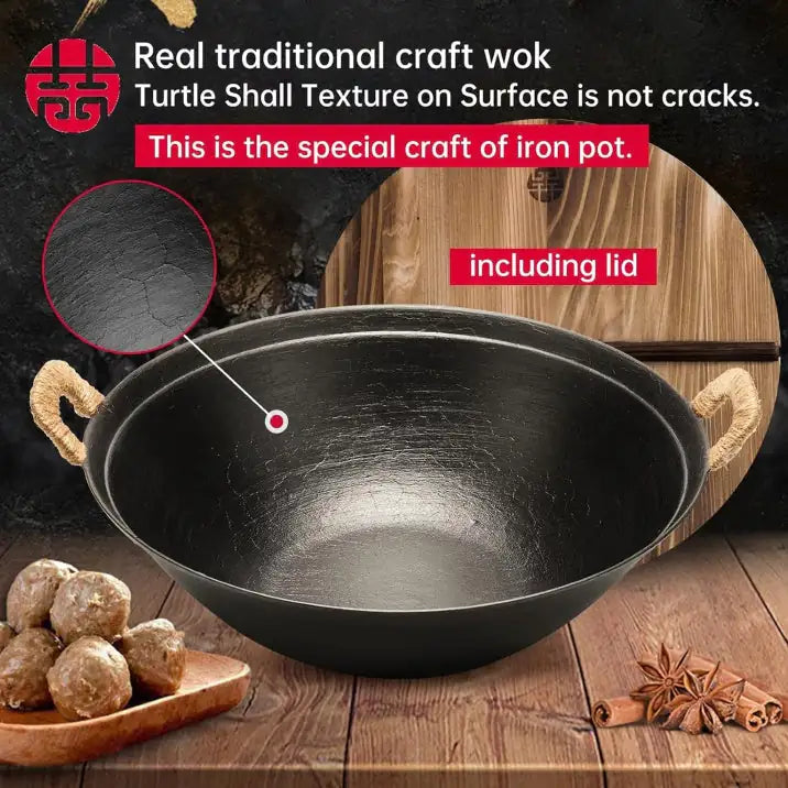 Hand Wok, Cast Iron Wok, Double Handle Wooden Lid Large Wok, Suitable For All Cooktops, Uncoated Chinese Traditional Wok